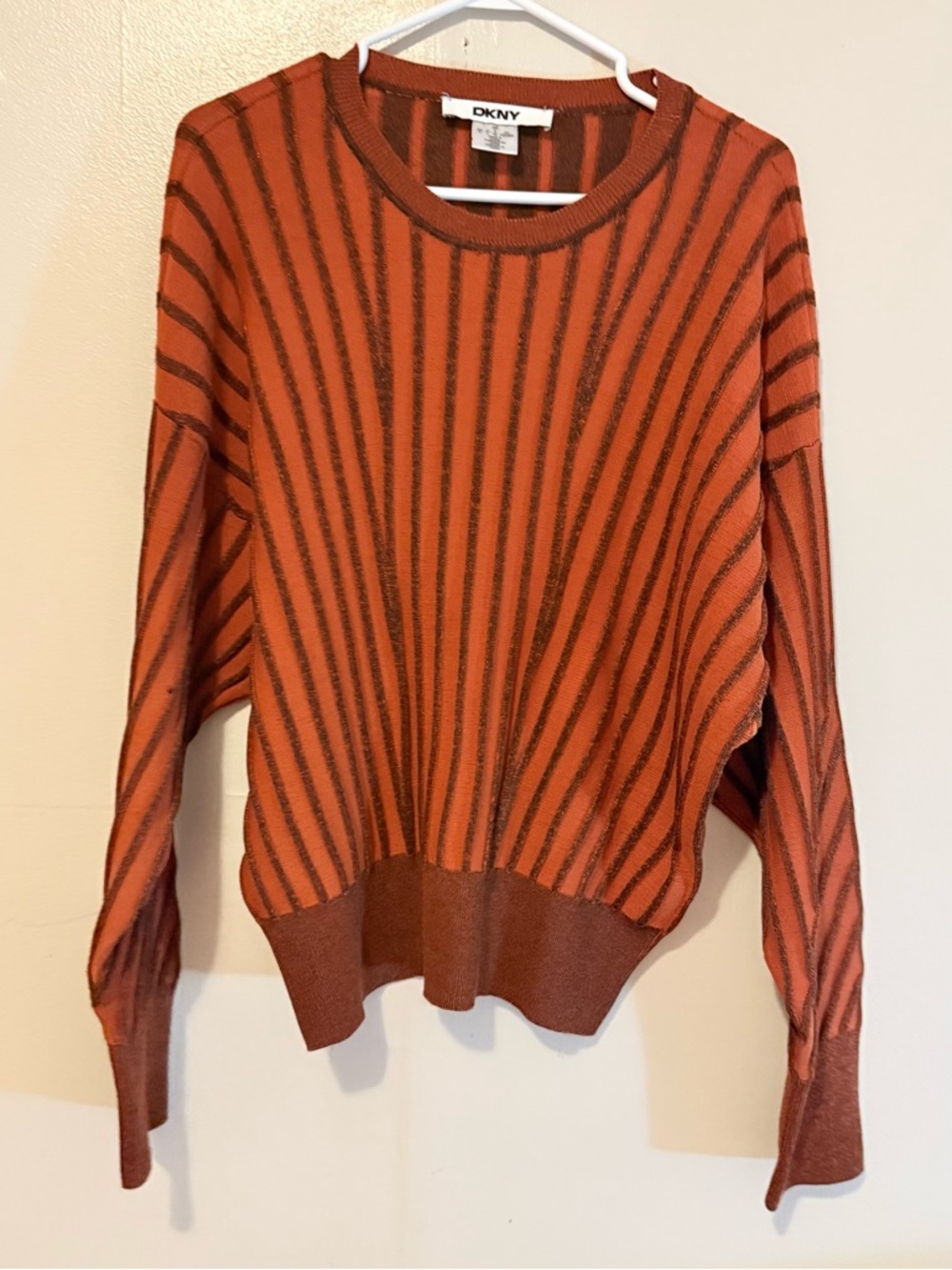DKNY Rust and Brown Striped Crewneck Sweater